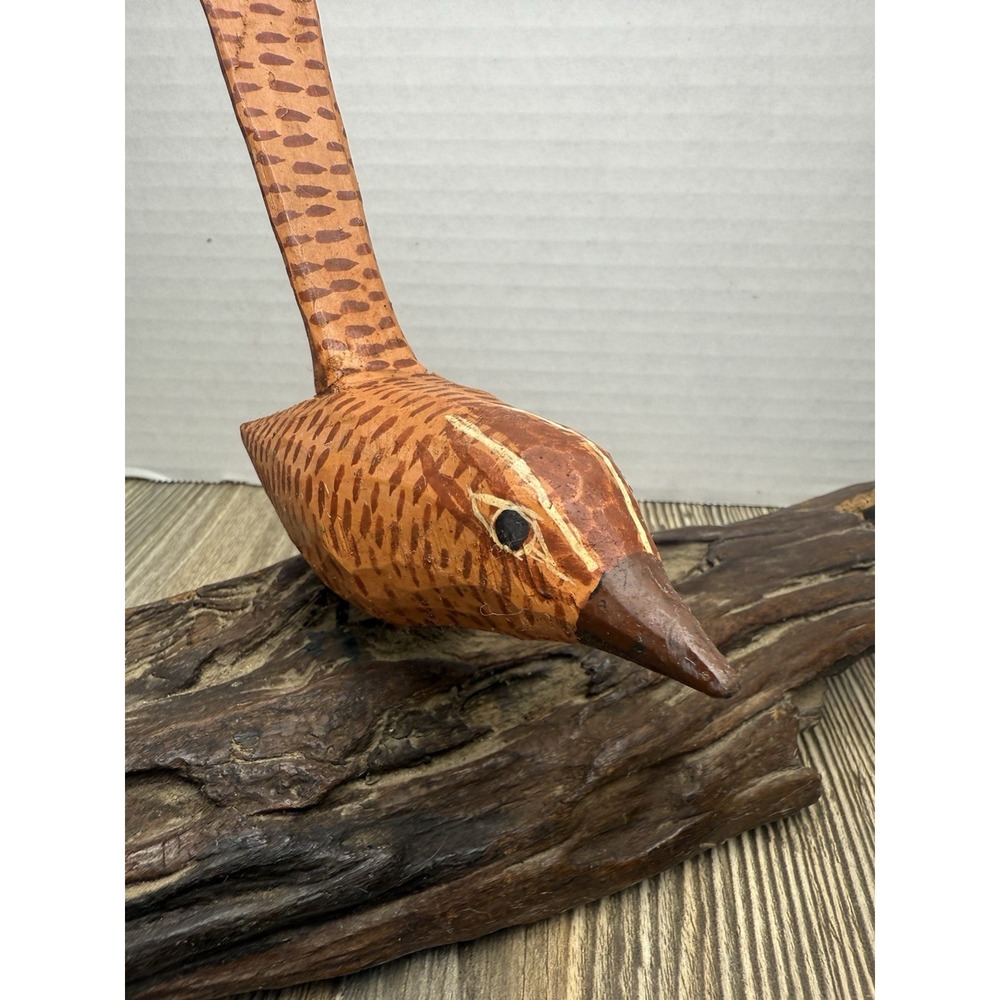 Hand Carved Wooden Bird On A Log